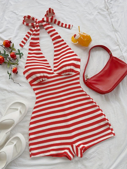 Combinaison Short Femme à Rayures Style Rétro Col Halter Été Plage
