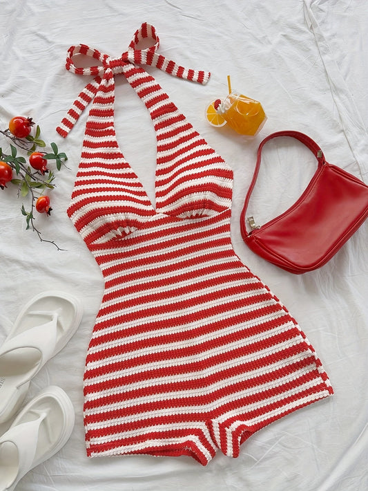 Combinaison Short Femme à Rayures Style Rétro Col Halter Été Plage