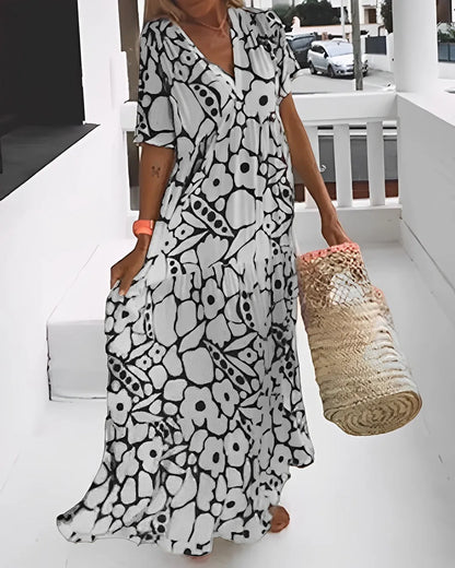 Robe Longue à Imprimé Floral avec Manches Courtes