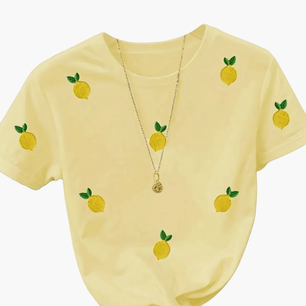T-shirt décontracté pour femme motif citrons brodés style fruité tendance