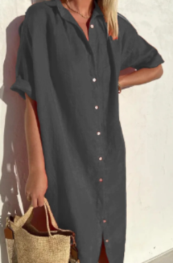 Robe Élégante à Manches Courtes en Coton et Lin