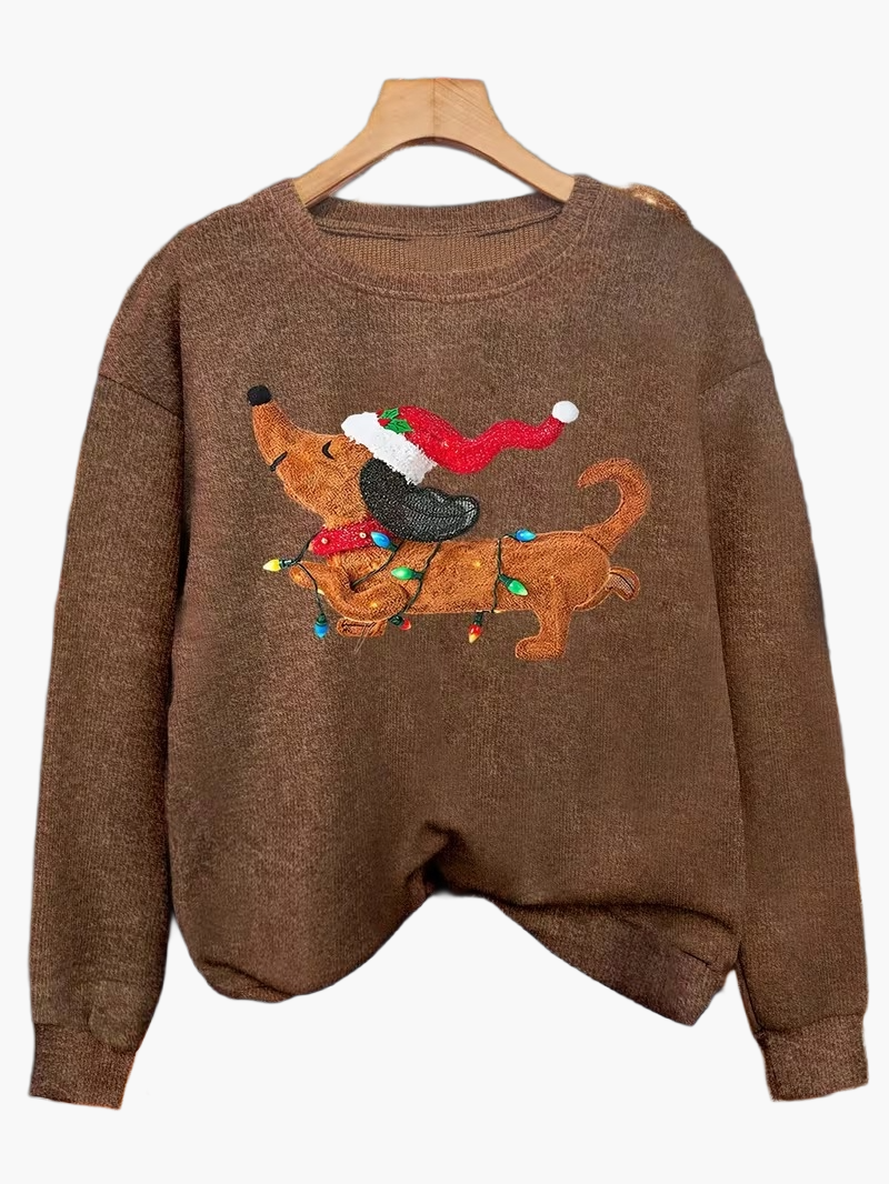 Pull-over de Noël décontracté pour femme avec chien et guirlande lumineuse, style festif