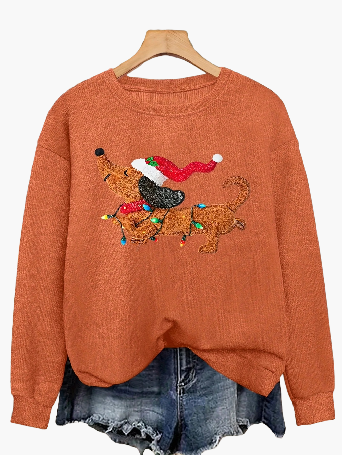 Pull-over de Noël décontracté pour femme avec chien et guirlande lumineuse, style festif