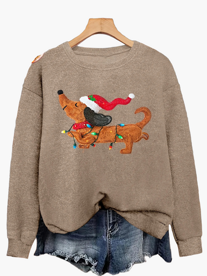 Pull-over de Noël décontracté pour femme avec chien et guirlande lumineuse, style festif