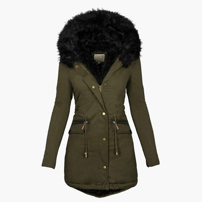 Manteau d’Hiver Femme Élégant à Capuche avec Fourrure – Style Européen Mi-Long pour Temps Froid