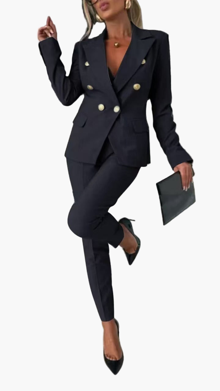 Tailleur Femme Élégant à Double Boutonnage Style Professionnel Affaires et Soirées