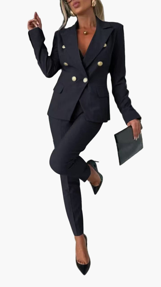 Tailleur Femme Élégant à Double Boutonnage Style Professionnel Affaires et Soirées