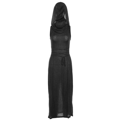 Robe Maxi à Col Bénitier, Sans Manches, Fendue et Creuse, à Capuche