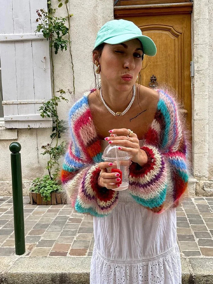 Cardigan Décontracté Patchwork en Tricot pour Femme