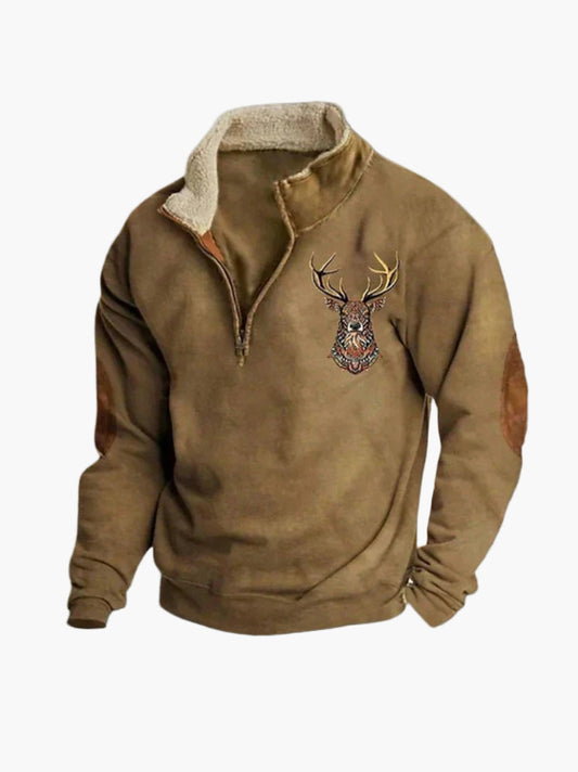 Sweat-shirt homme quart-zip style décontracté avec motif cerf brodé, confortable et chaud