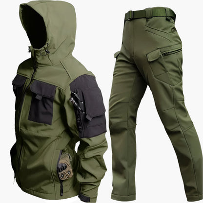 Ensemble Softshell Outdoor Homme - Veste à Capuche et Pantalon Tactique pour Randonnée, Trekking et Aventures