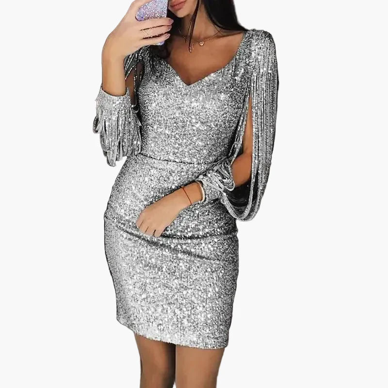 Abito da sera donna elegante con paillettes stile glamour per eventi e feste