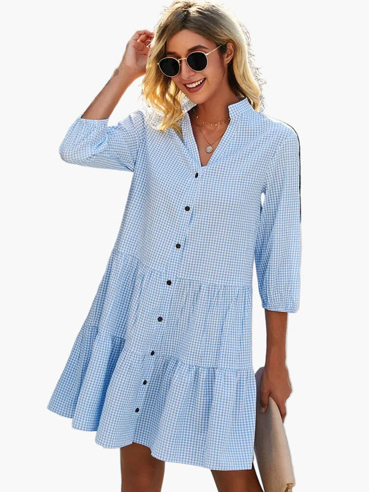 Vestito Camicia Informale Donna a Quadri Stile Bohémien per Estate e Primavera