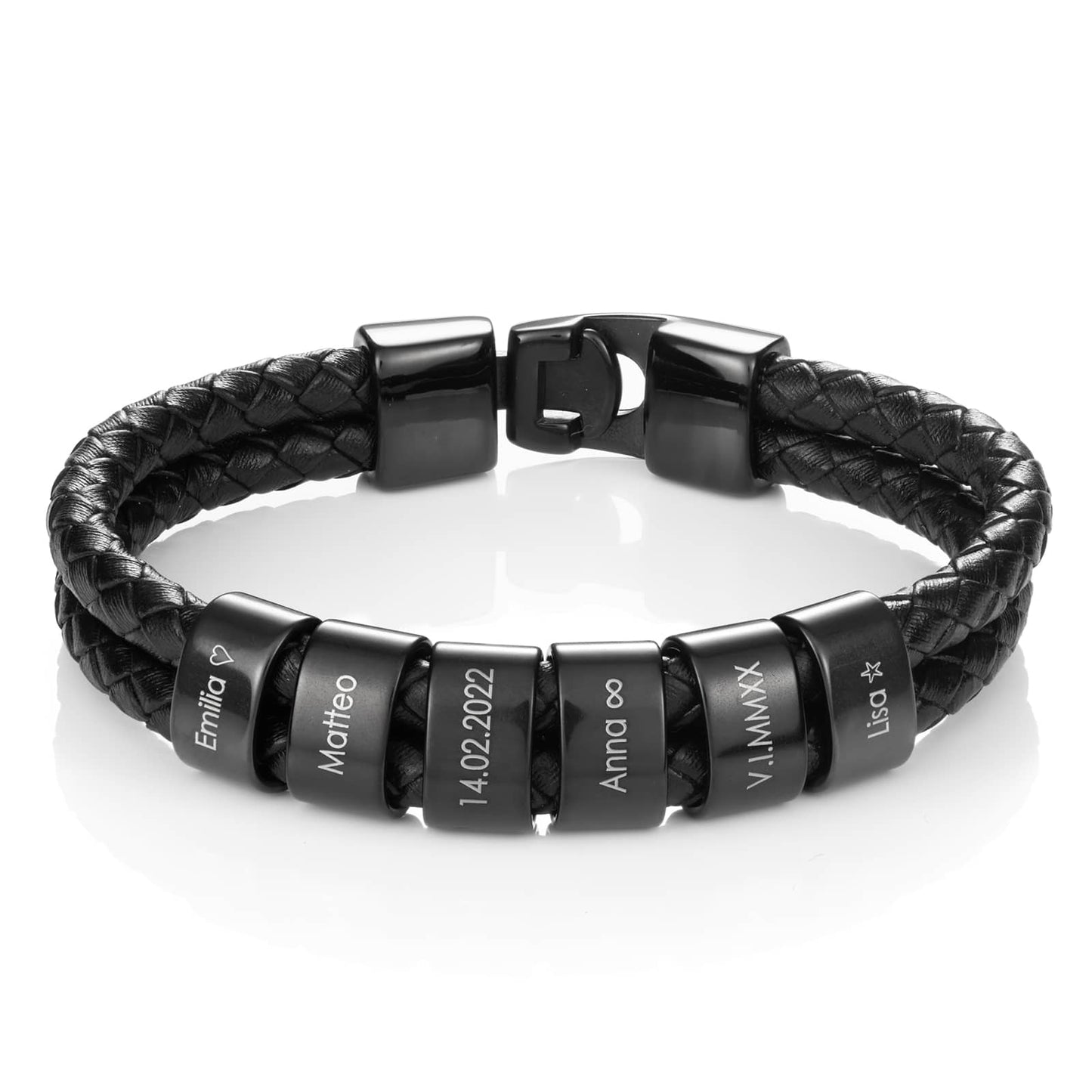 Mathew – Bracelet en cuir tressé pour hommes avec perles noires gravées