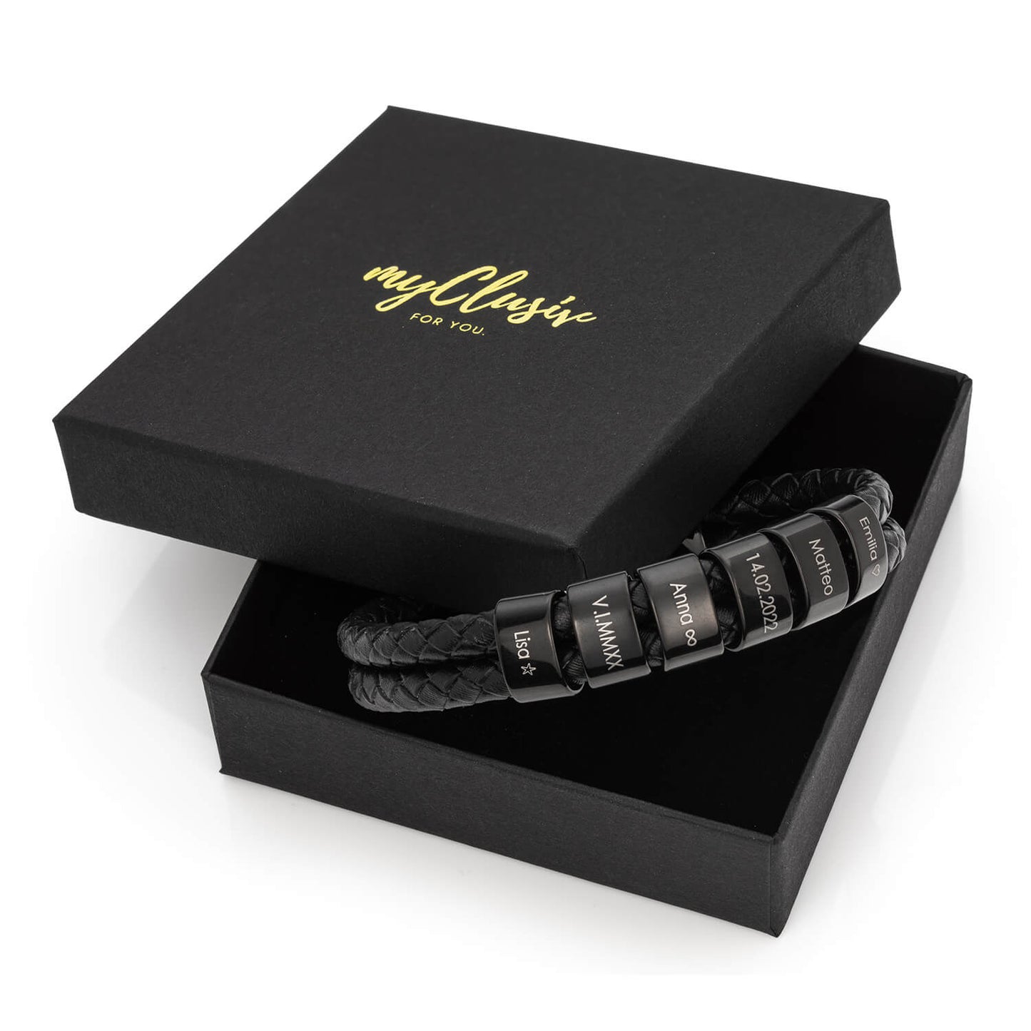 Mathew – Bracelet en cuir tressé pour hommes avec perles noires gravées
