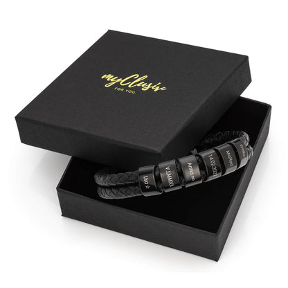 Mathew – Bracelet en cuir tressé pour hommes avec perles noires gravées