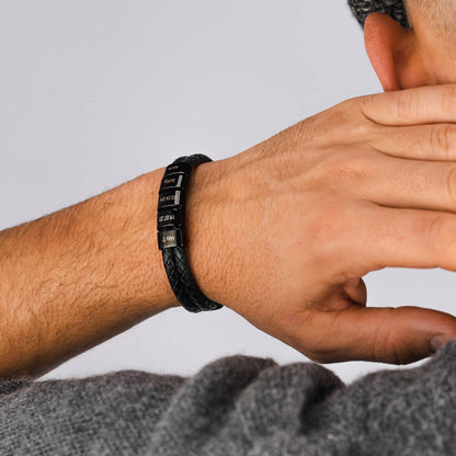 Mathew – Bracelet en cuir tressé pour hommes avec perles noires gravées
