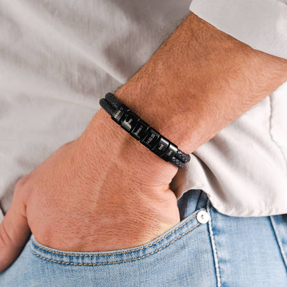 Mathew – Bracelet en cuir tressé pour hommes avec perles noires gravées