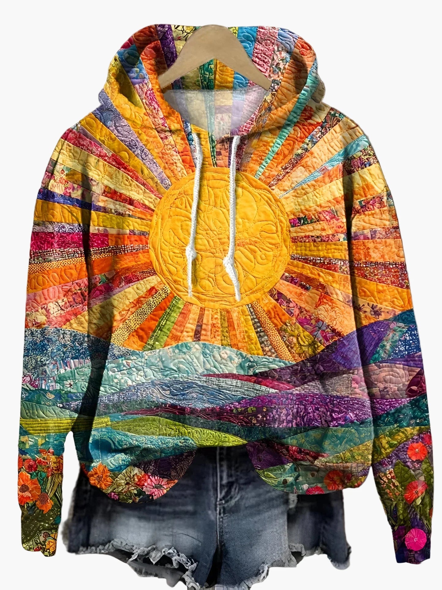 Sweat à Capuche Femme Style Bohème Art Patchwork Soleil et Paysage - Mode Décontractée et Colorée