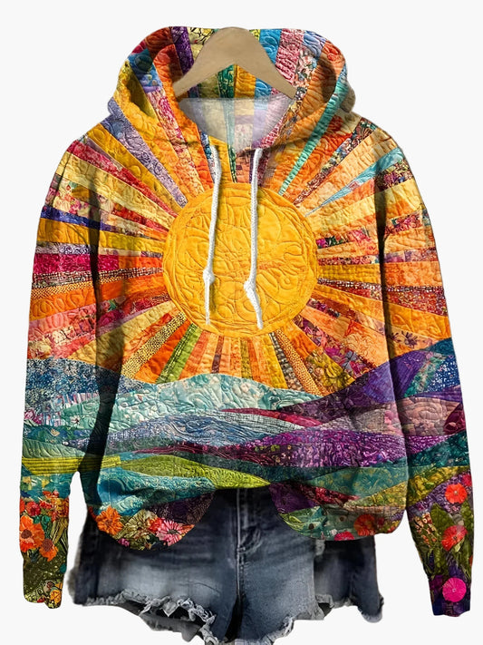Sweat à Capuche Femme Style Bohème Art Patchwork Soleil et Paysage - Mode Décontractée et Colorée
