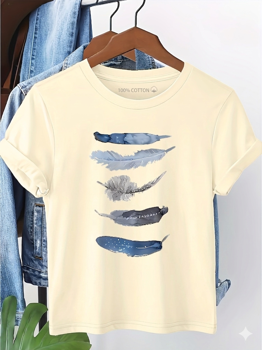 Dames T-shirt Casual Stijl met Artistiek Veerpatroon – Ideaal voor Lente en Zomer