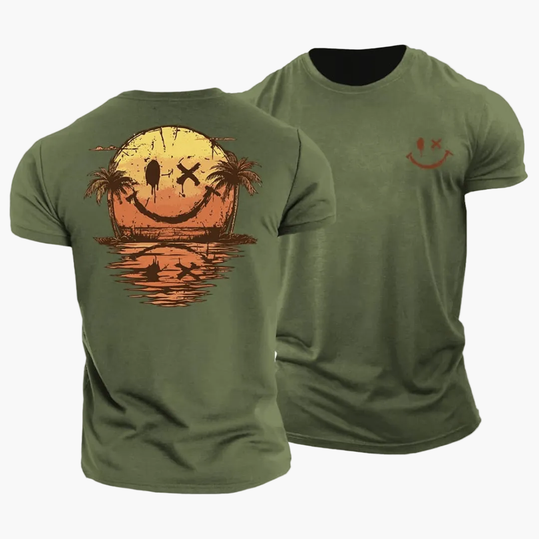Maglietta uomo stile surf grafica sorriso tramonto – comoda e alla moda