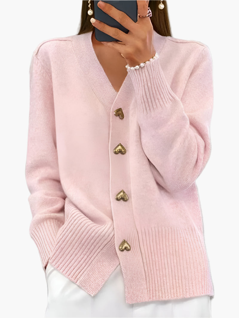 Cardigan femme chic à boutons cœur, style élégant pour automne et hiver