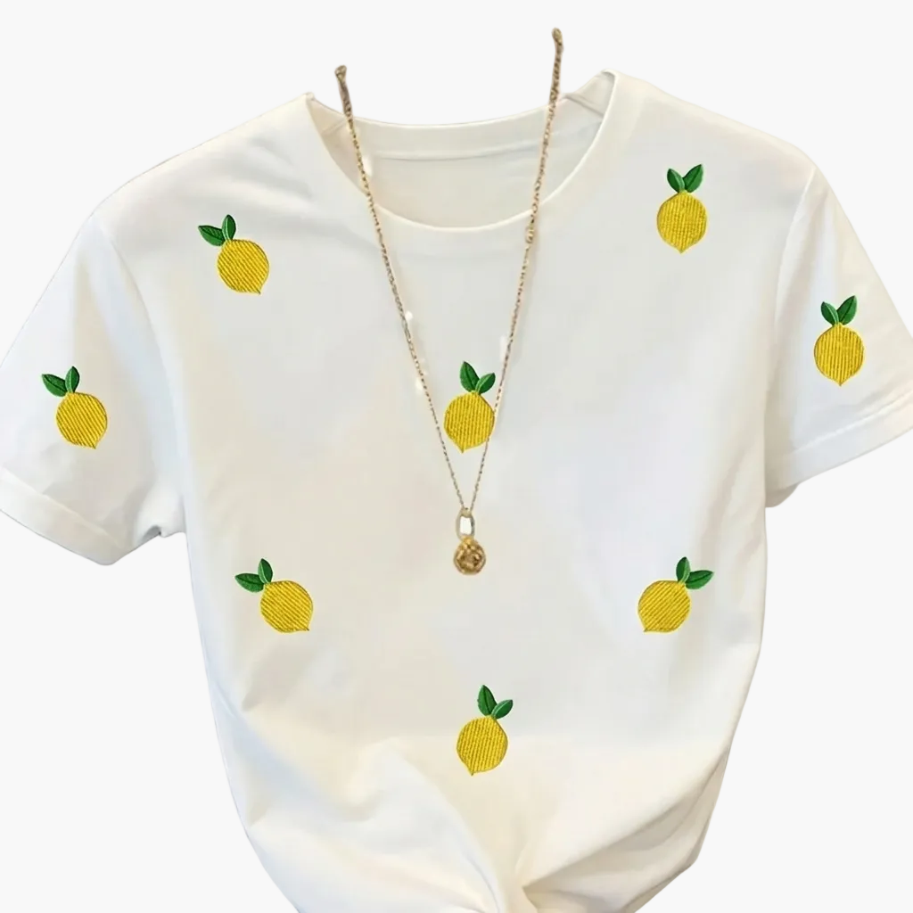 T-shirt décontracté pour femme motif citrons brodés style fruité tendance