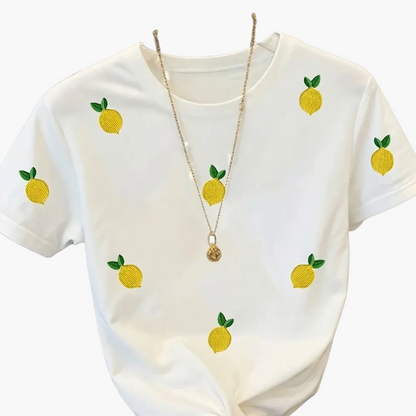 T-shirt décontracté pour femme motif citrons brodés style fruité tendance