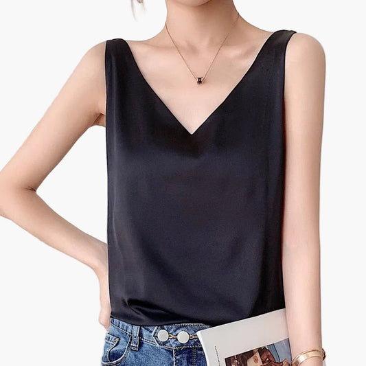 Top femme chic à col V style minimaliste pour look décontracté ou élégant